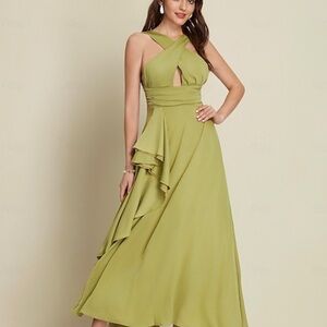 Ador Satin Halter Neck Ruffle Maxi Dress